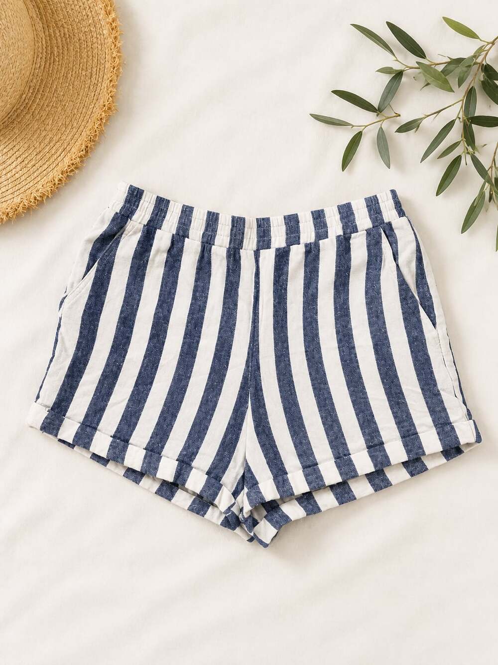 Forever 21 Blue and White Striped Elastic Waist Cuffed Summer Shorts